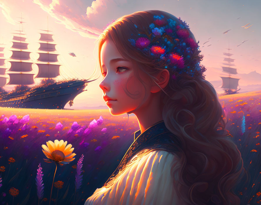 Young woman with floral adornment in dreamlike sunset landscape with sailing ship and vibrant flowers.