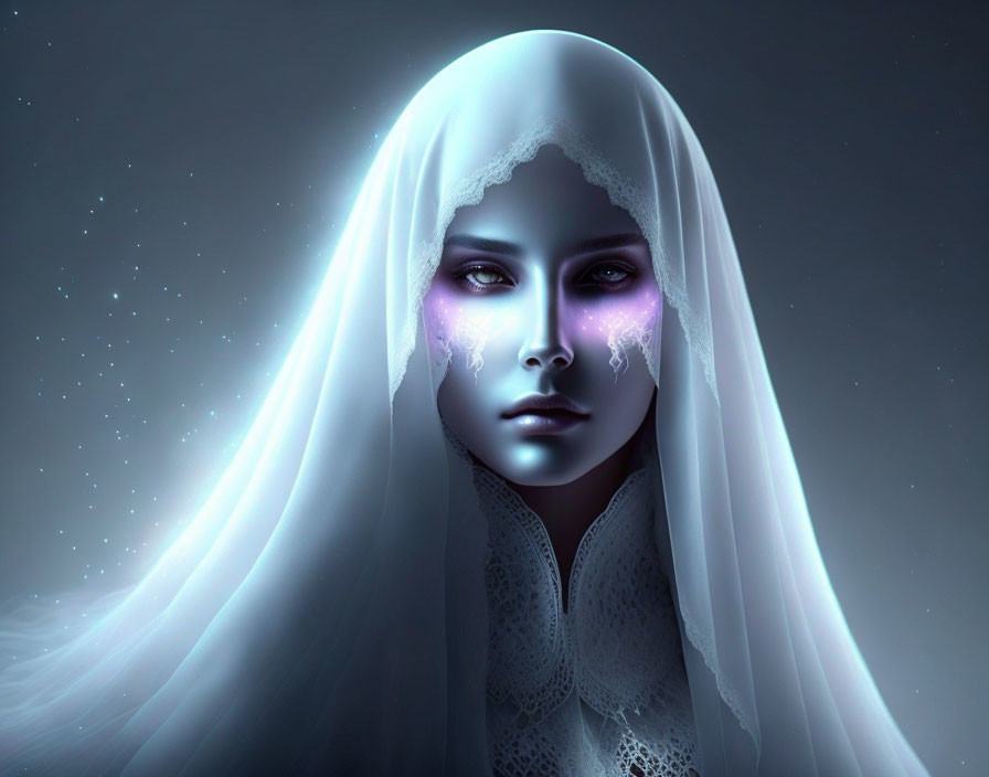 Glowing mystical figure with translucent veil and starlit background