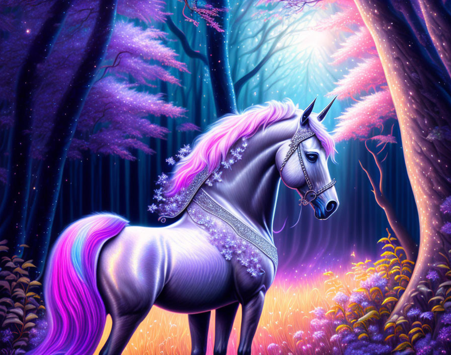 Majestic unicorn in magical forest with shimmering mane