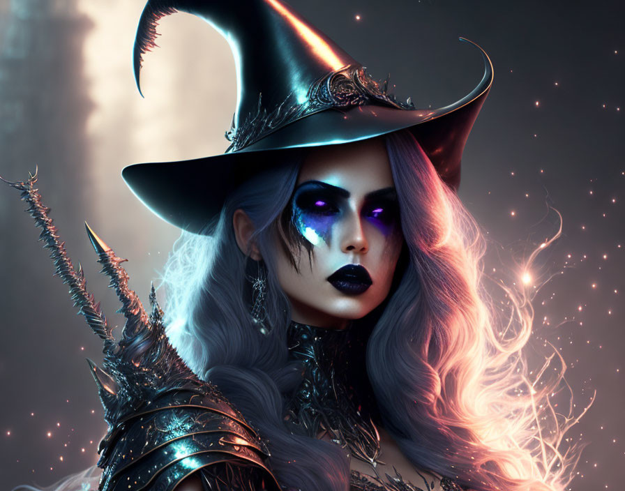 Fantasy portrait of woman with glowing purple eyes and ornate headdress in mystical setting