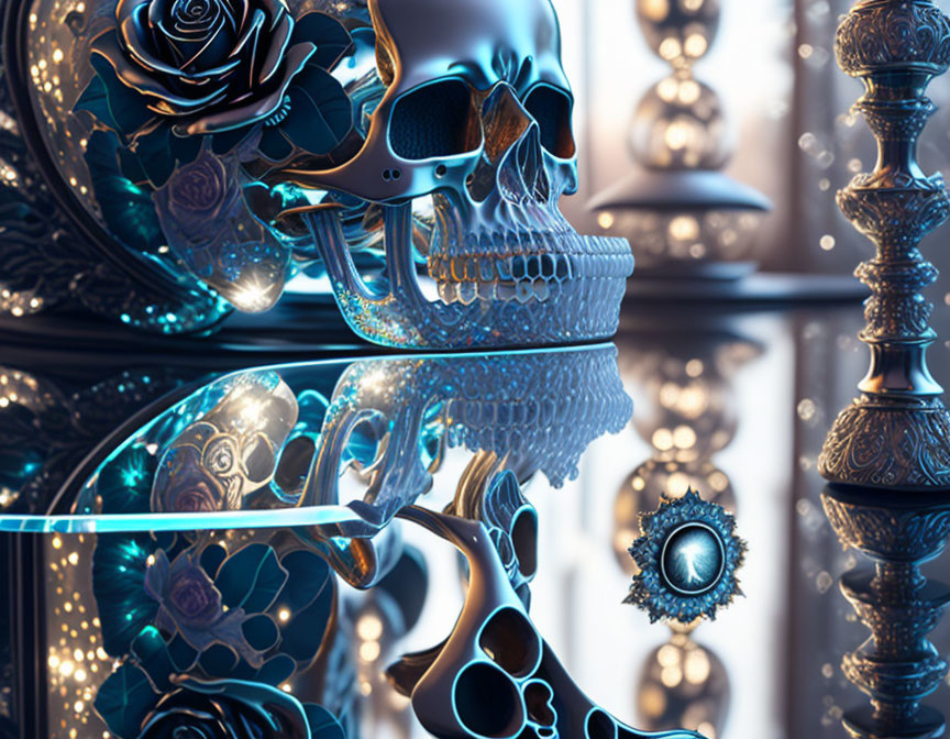 Stylized skull with floral patterns in reflective environment