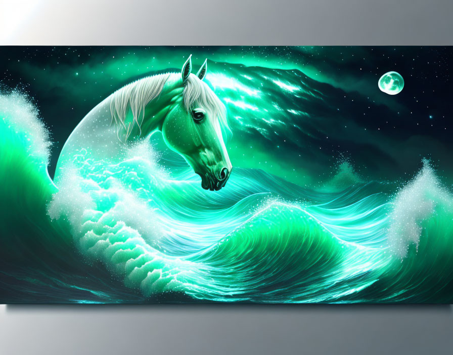 White horse in surreal oceanic scene under moonlit sky