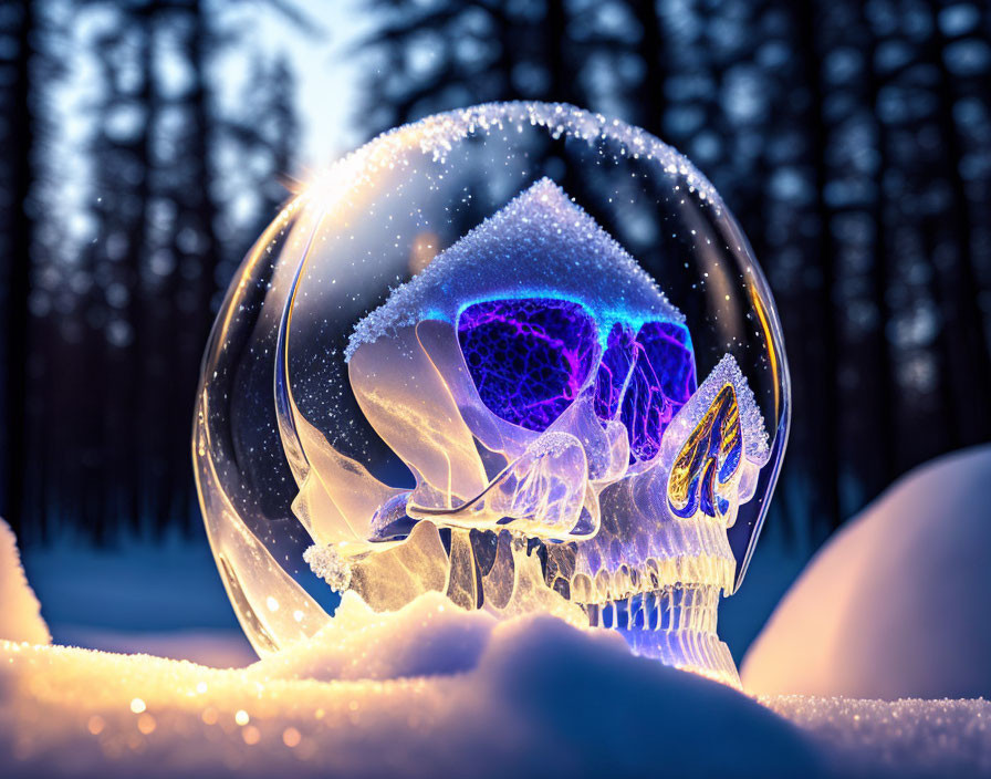 Intricately frozen bubble with purple glow on snowy forest backdrop