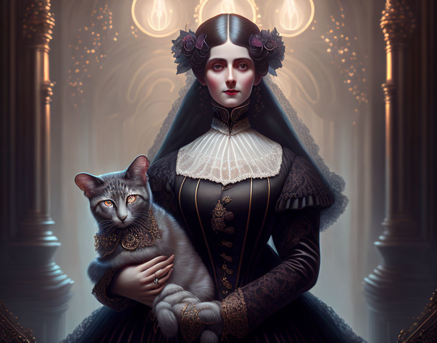 Victorian Woman in Dark Dress Holding Gray Cat with Soft Glowing Lights