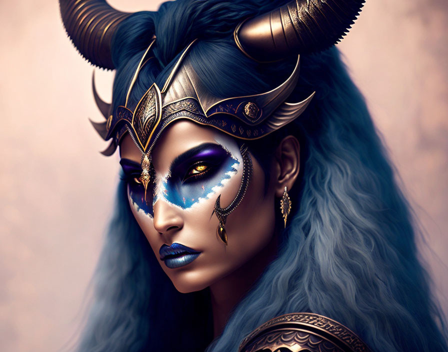 Fantasy digital art: Woman with blue skin, horned helmet, and gold jewelry