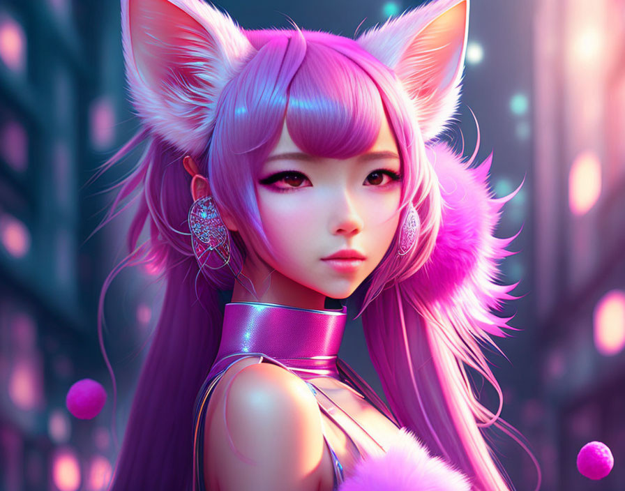 Character with Purple Fox Ears and Modern Jewelry in Neon Cityscape