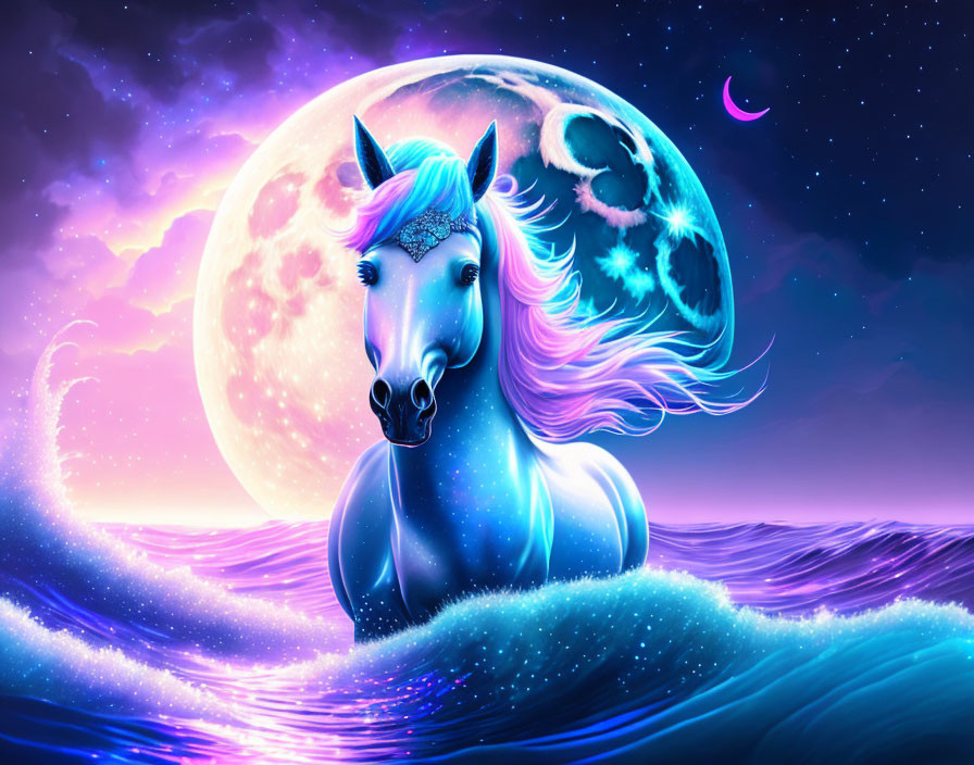 Digital Artwork: Mystical Unicorn with Sparkling Mane, Moon, Stars, and Sea