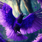 Majestic purple raven in mystical forest with purple foliage