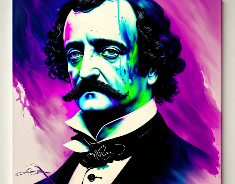 Colorful portrait of a man with mustache, sideburns, and bow tie in pink and