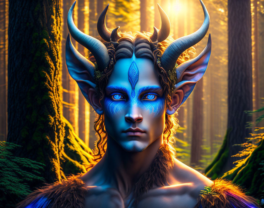 Blue-skinned mystical creature with horns in sunlit forest