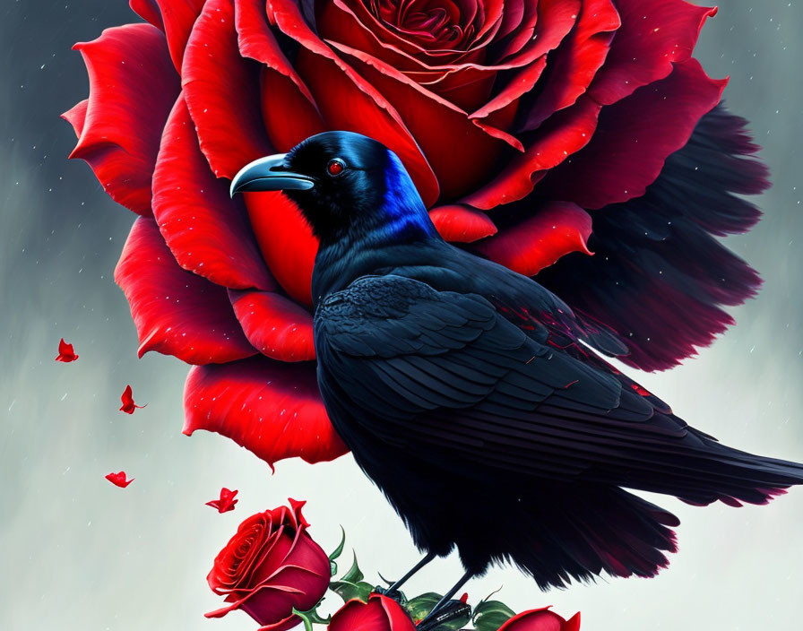 Detailed Artwork: Black Raven on Red Roses with Butterflies