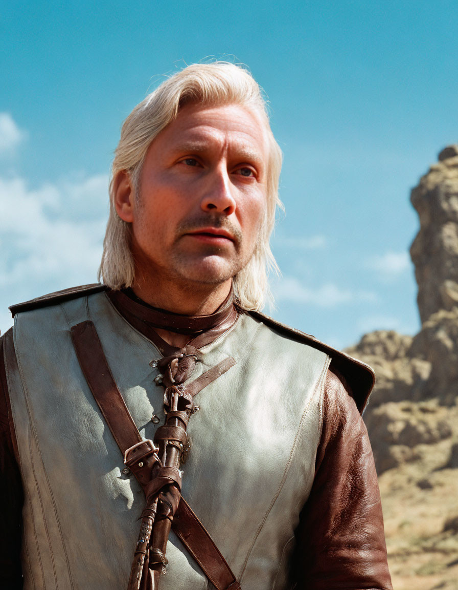 Blond-haired medieval fantasy warrior in rocky terrain