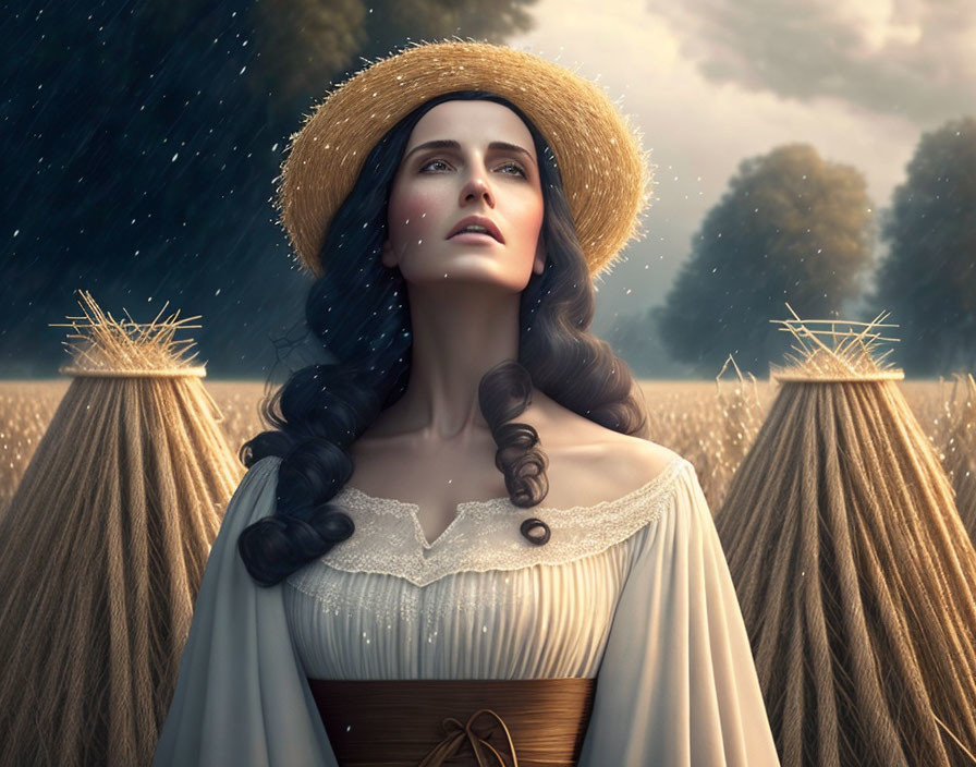 Vintage-clad woman in wheat field under rainy sky