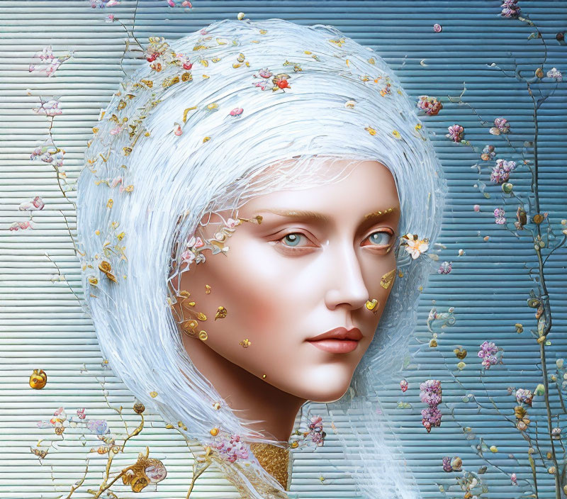 Surreal portrait: white hair, floral motifs, translucent skin on blue background