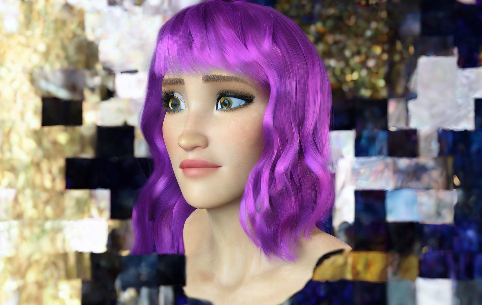 Colorful 3D Rendered Female Character with Purple Hair on Mosaic Background