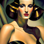 Exaggerated features and stylized makeup on woman in golden background