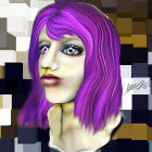 Colorful 3D Rendered Female Character with Purple Hair on Mosaic Background