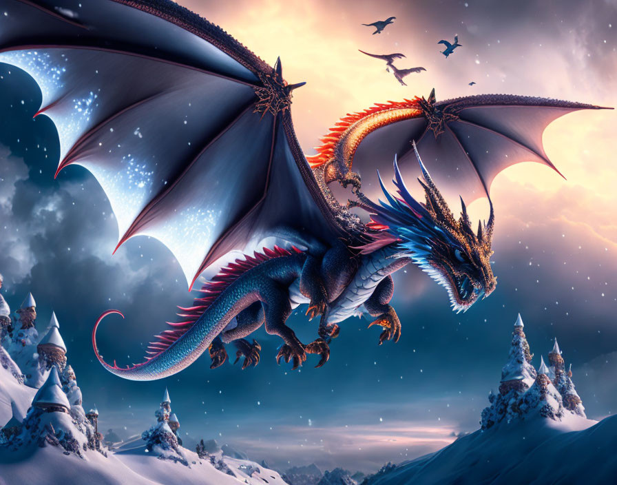 Majestic dragon flying over snowy landscape with pine trees at twilight