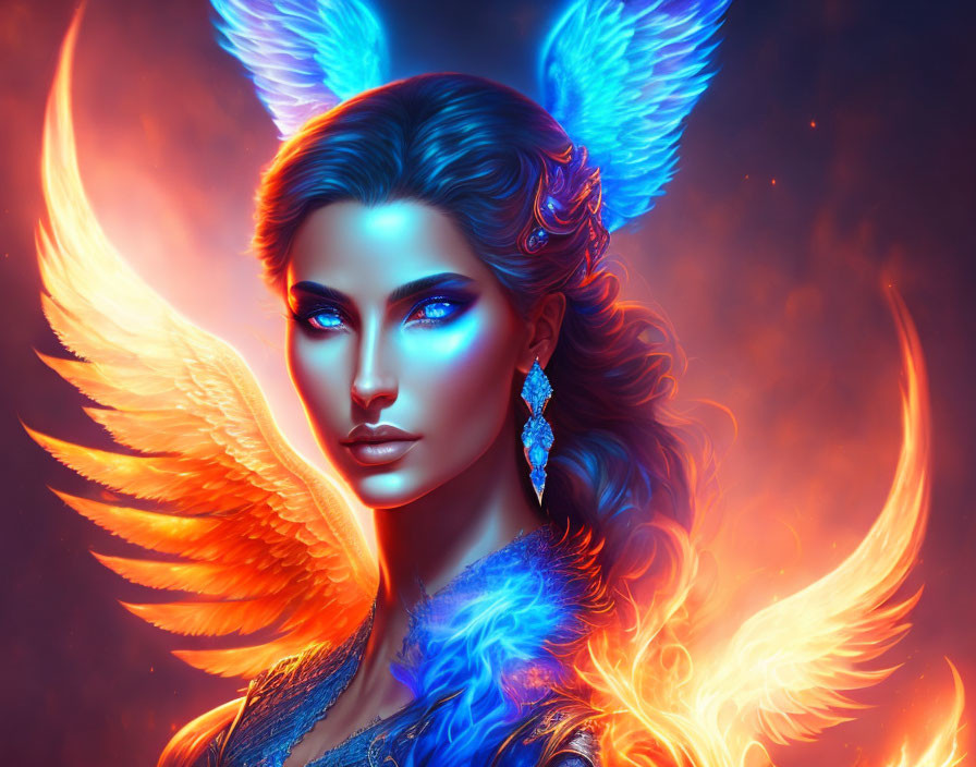 Fantasy artwork: Woman with glowing blue eyes, fiery wings, ethereal fox ears