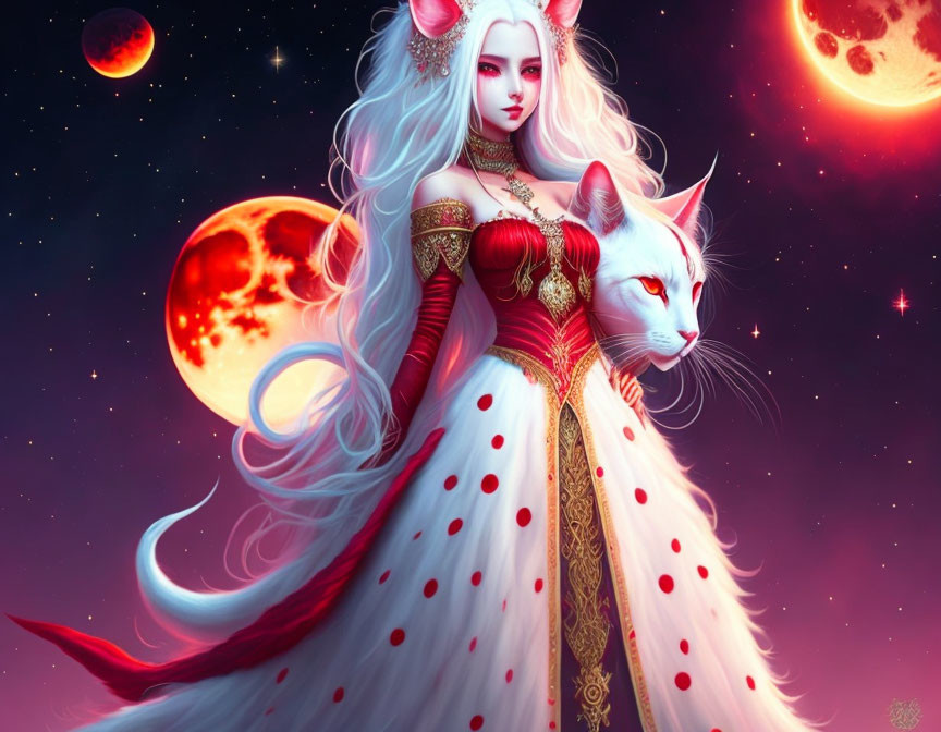 Ethereal illustration of woman with white hair and red attire merged with majestic white cat on cosmic background