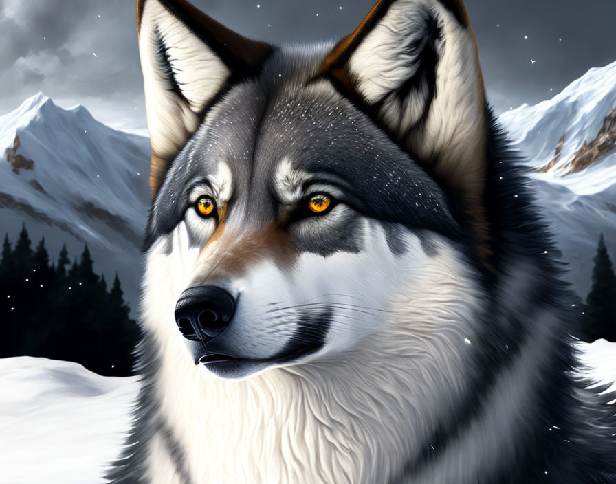 Realistic husky digital art in snowy twilight landscape