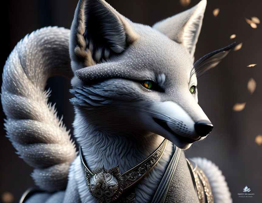 Anthropomorphic fox digital artwork with intricate armor and green eyes