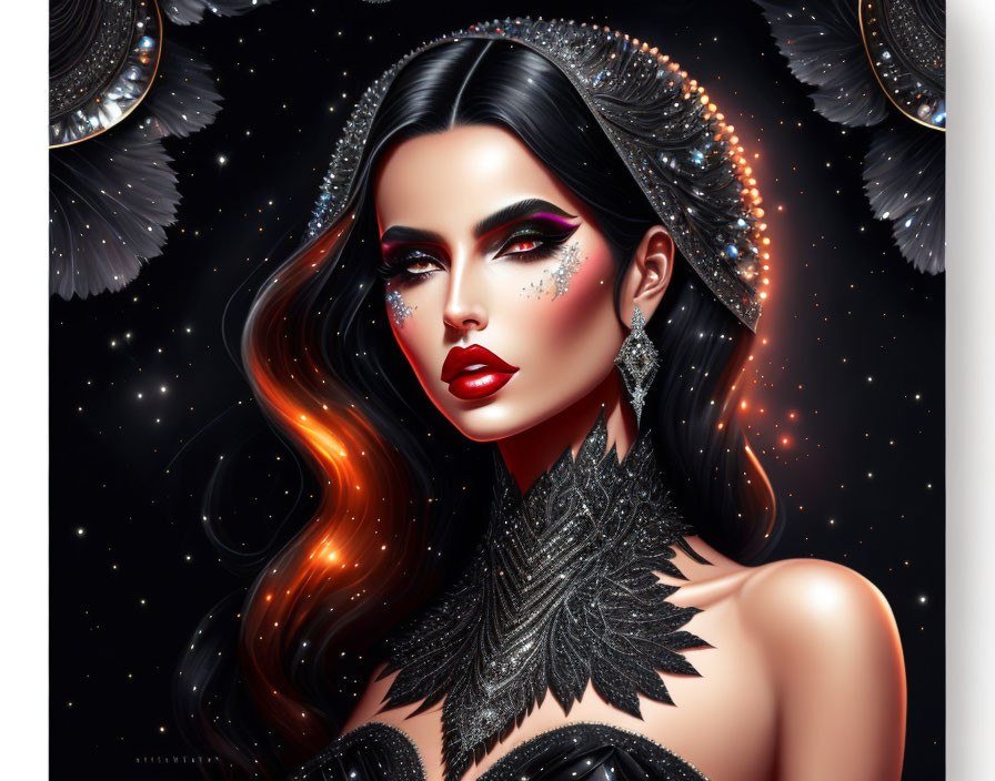 Illustrated portrait of woman with dramatic makeup and feathered accessories under celestial lights