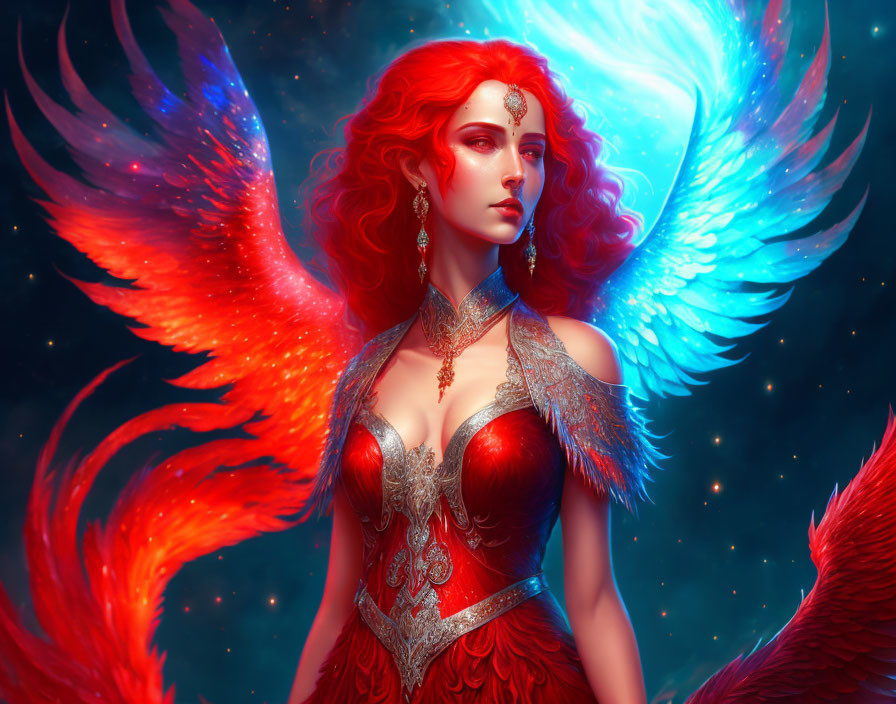 Digital Artwork: Woman with Red Hair and Phoenix in Red & Gold Attire