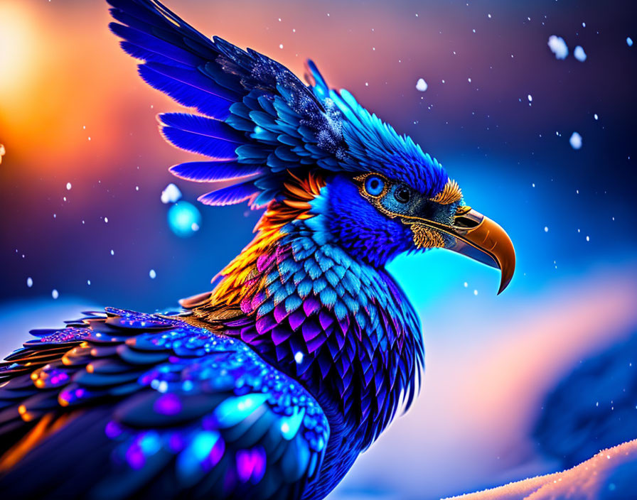 Colorful Bird with Blue and Purple Plumage in Snowy Setting