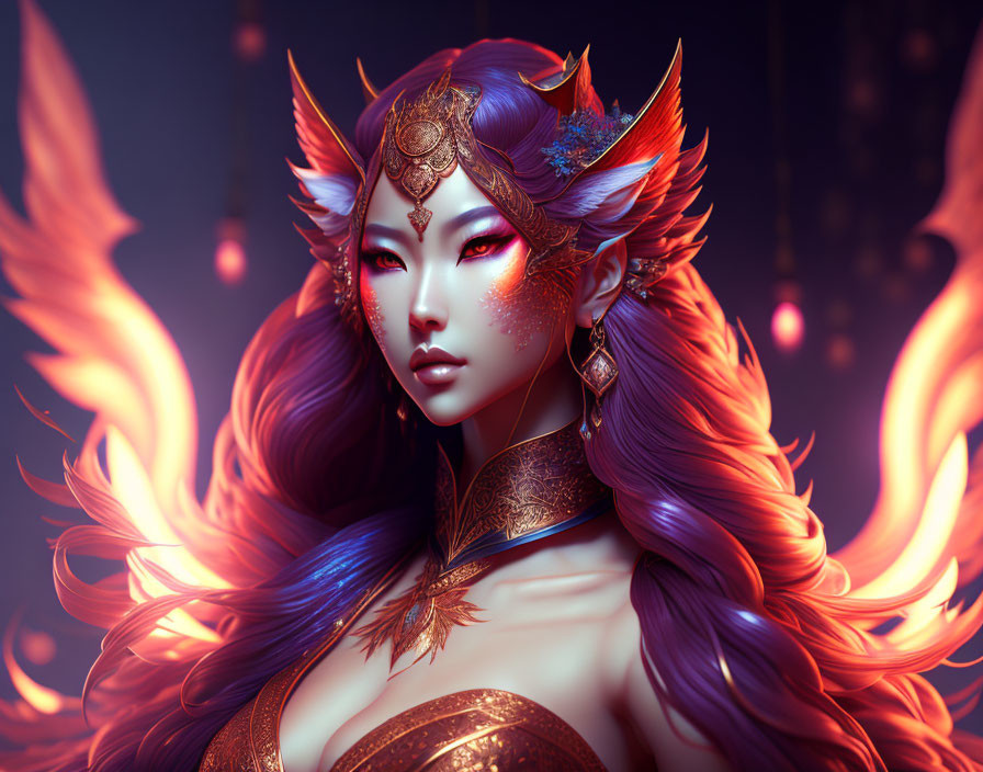 Fantastical female figure with purple hair, fox-like ears, fiery wings, golden armor, and