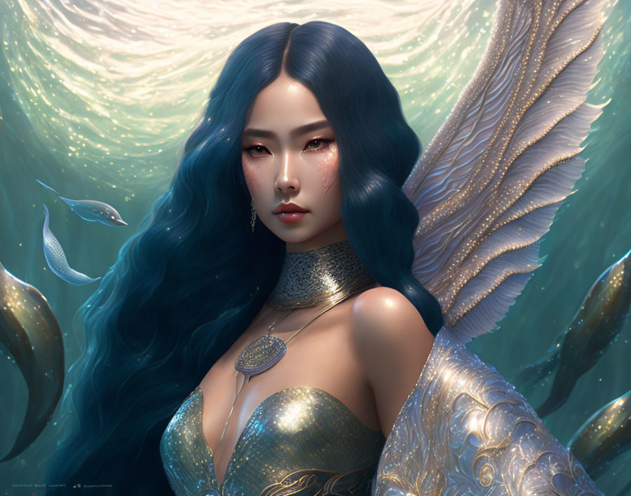 Ethereal woman with blue hair in golden winged armor underwater