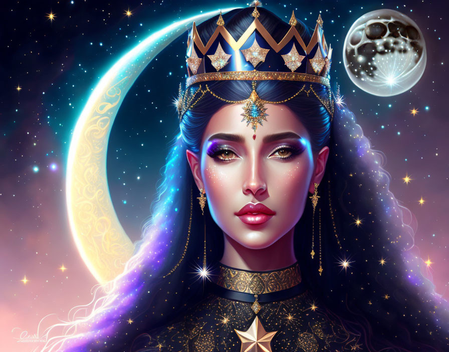 Regal female with jeweled crown in cosmic setting