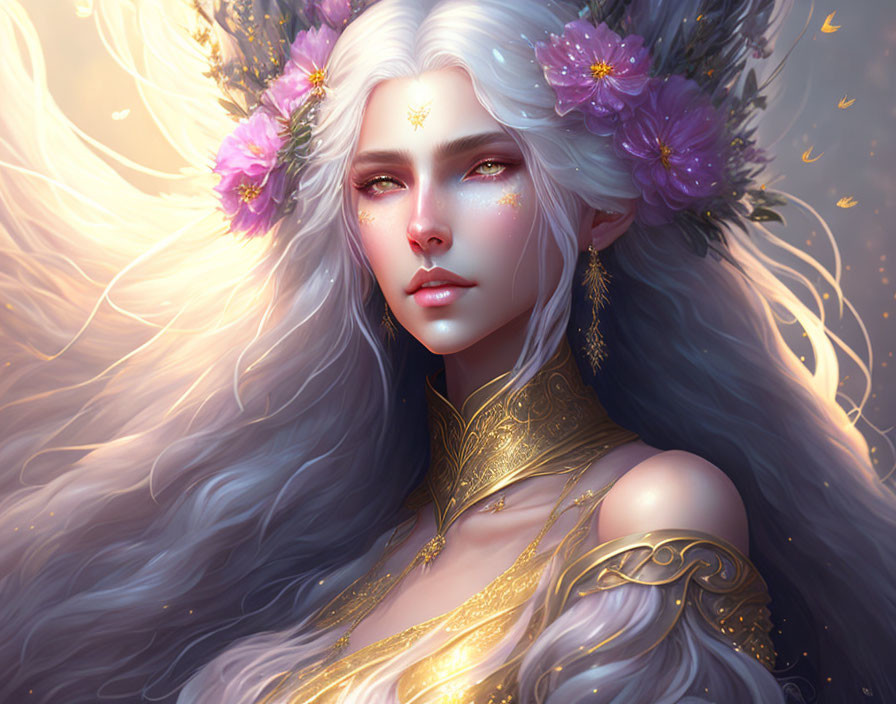 Ethereal fantasy figure with long silver hair and pink flowers.