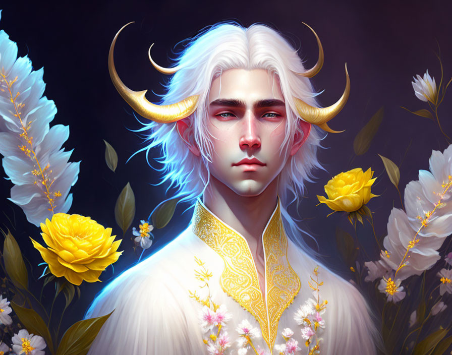 Illustration of person with white hair, horns, floral robe, and yellow flowers.