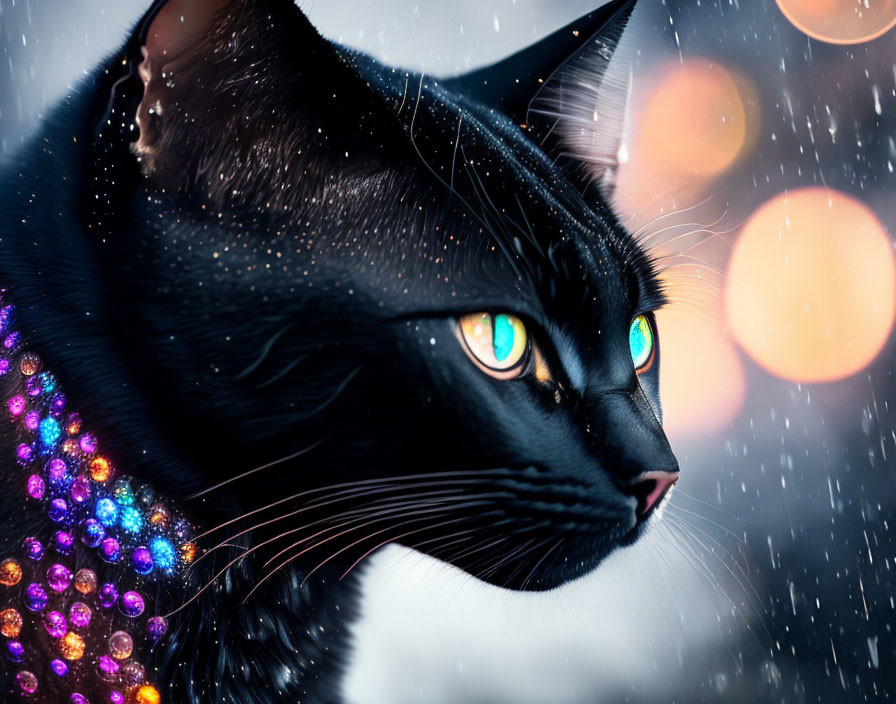 Black cat with green eyes in sequined cloth, snow backdrop & blurred lights