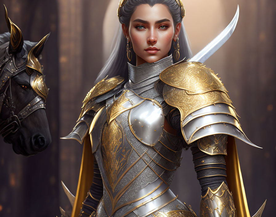 Digital artwork of female warrior in ornate golden armor with detailed engravings next to armored horse