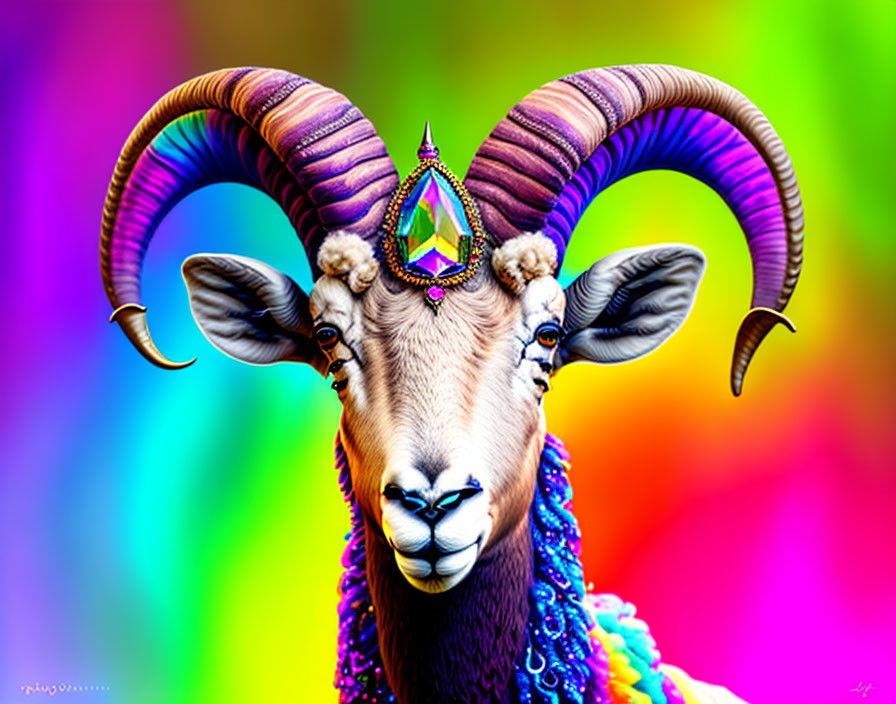 Colorful digital image of ram with jewel on forehead against rainbow background