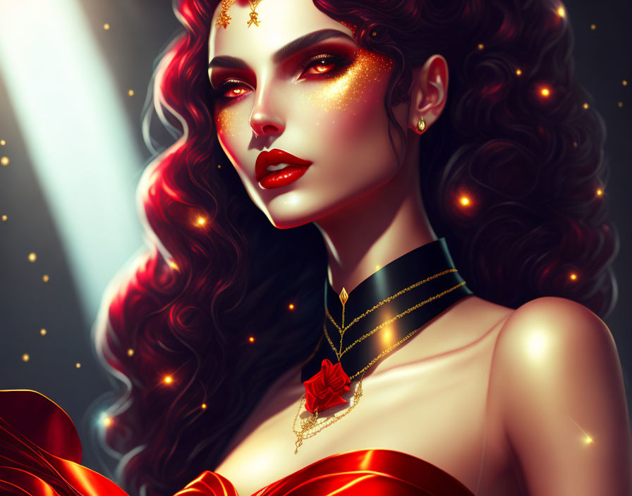 Digital artwork: Woman with red curly hair, golden makeup, black choker, red dress on dark