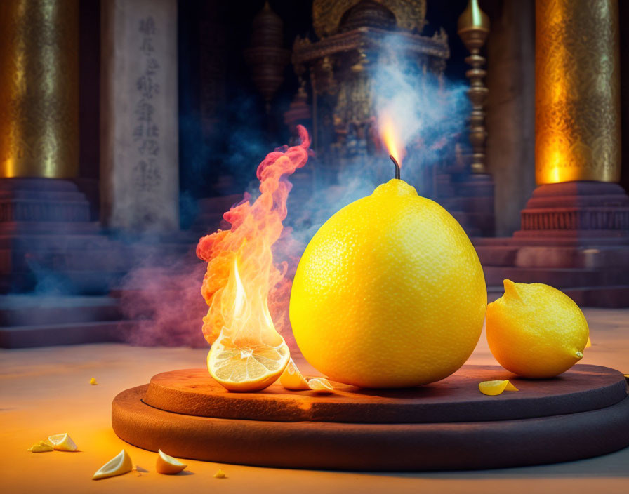 Vibrant lemon with flaming spiral peel next to halved lemon on wooden board