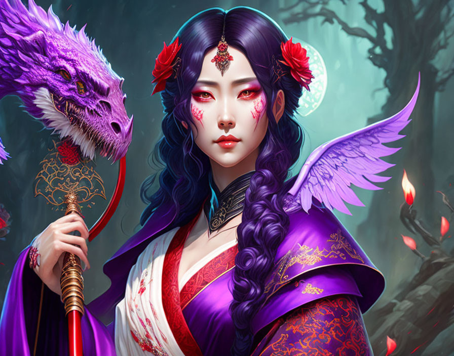 Woman in purple traditional outfit with staff and purple dragon in mystical forest.