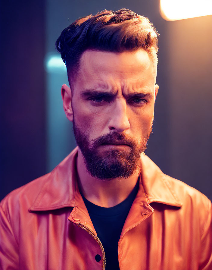 Bearded man in red leather jacket against urban backdrop