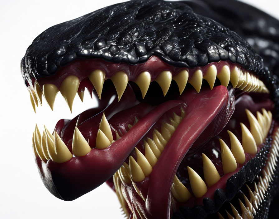 Detailed Close-up of Glossy Black Alien Creature with Sharp Golden Teeth