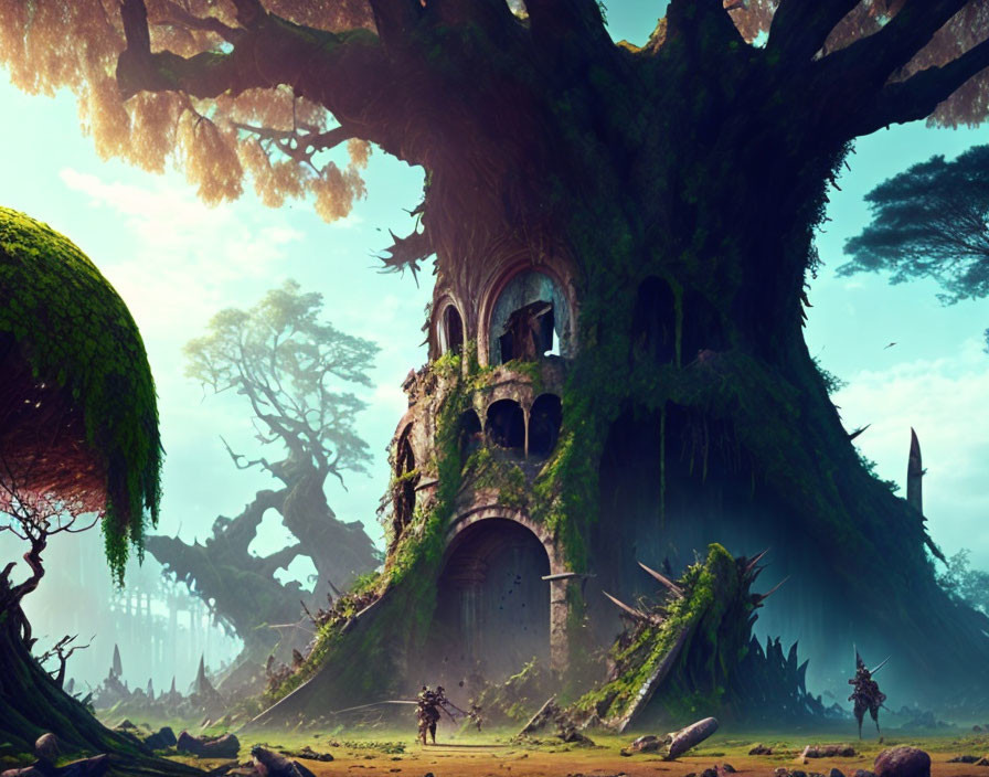 Ancient tree with house in mystical forest with warriors and colossal flora