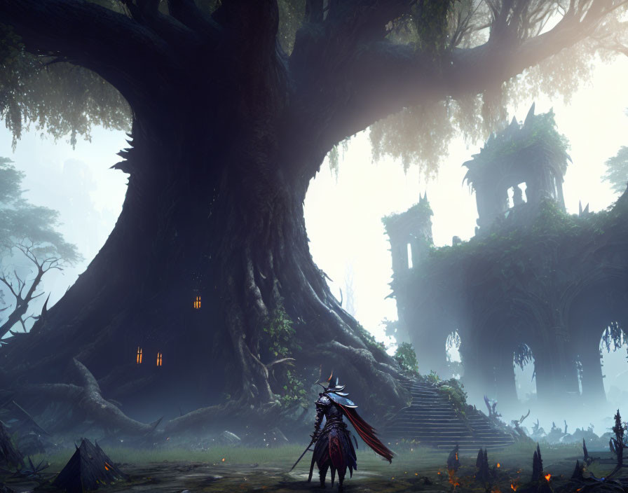 Armored character in mystical forest with huge tree and ruins.