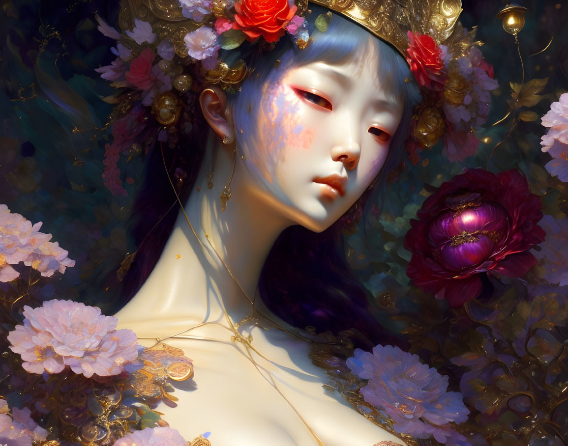 Blue-skinned person with floral crown and golden accessories in digital art portrait.