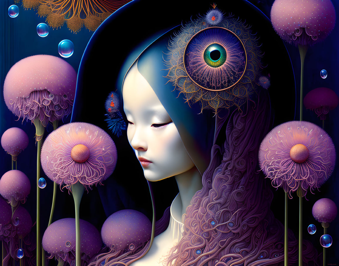 Woman with peacock feather hood among jellyfish in underwater illustration