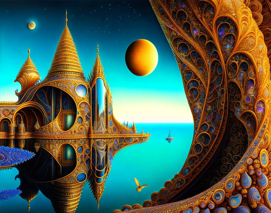 Surreal Landscape with Golden Structures, Ocean, Sailboats, and Planets