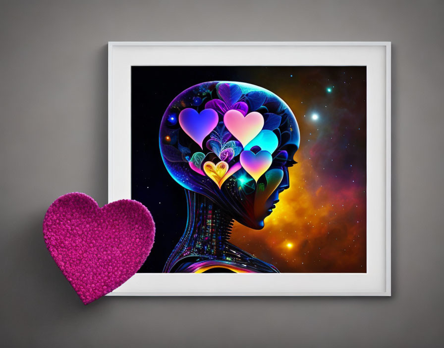 Colorful Silhouetted Profile Artwork with Cosmic Hearts and Pink Object