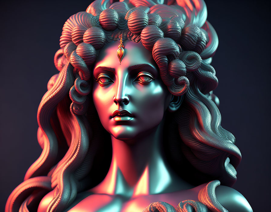 Stylized woman with intricate hairstyle and gem ornament in vibrant 3D render