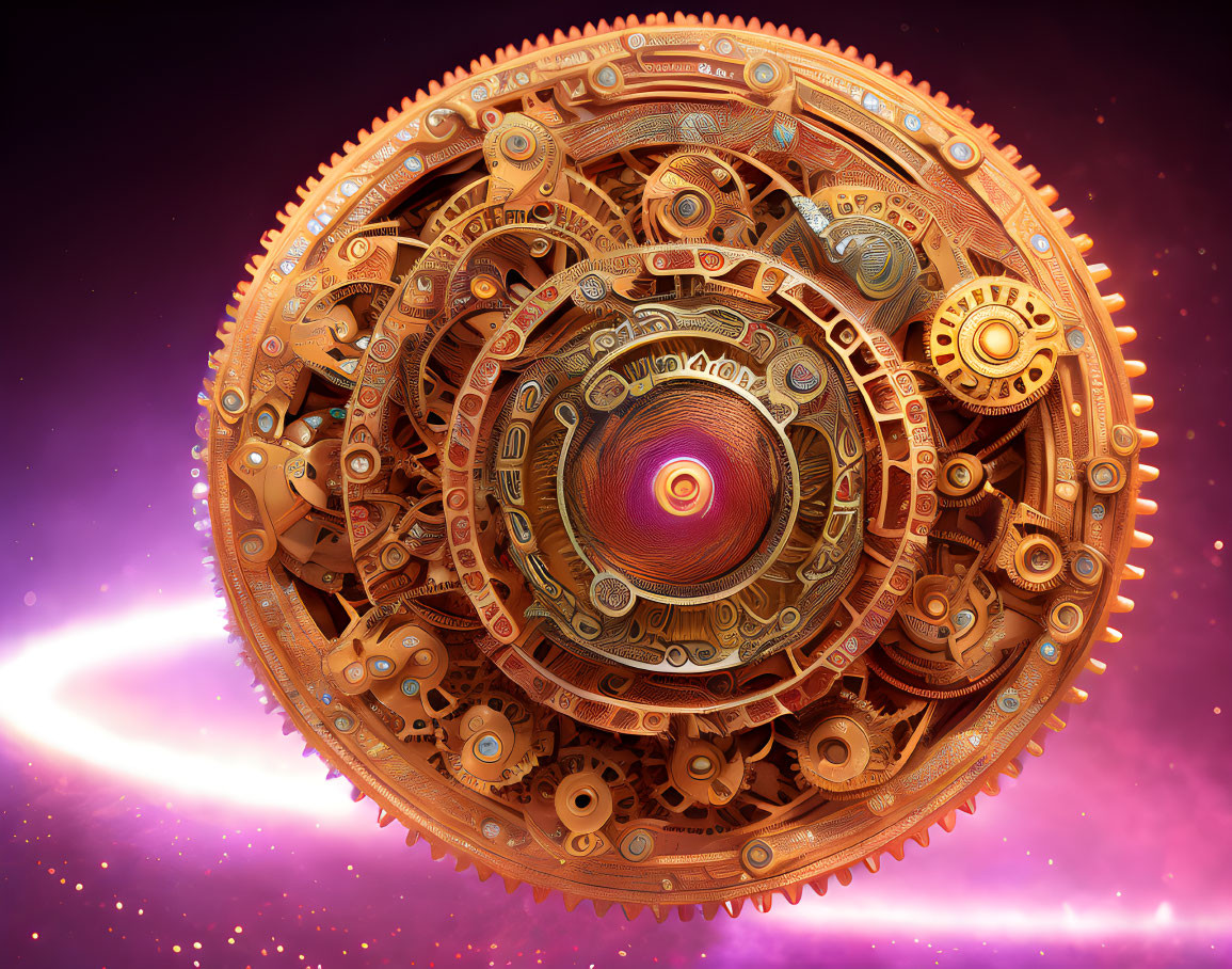 Detailed Steampunk Bronze Gear Mechanism in Cosmic Space